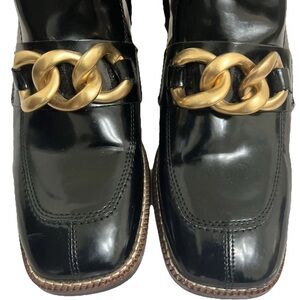STEVE MADDEN Size 8M Loreen Ankle Boots Black Patent Leather Chunky Gold Chain